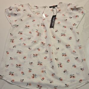 Papermoon White Blouse with Pink Floral Print and Green Stems